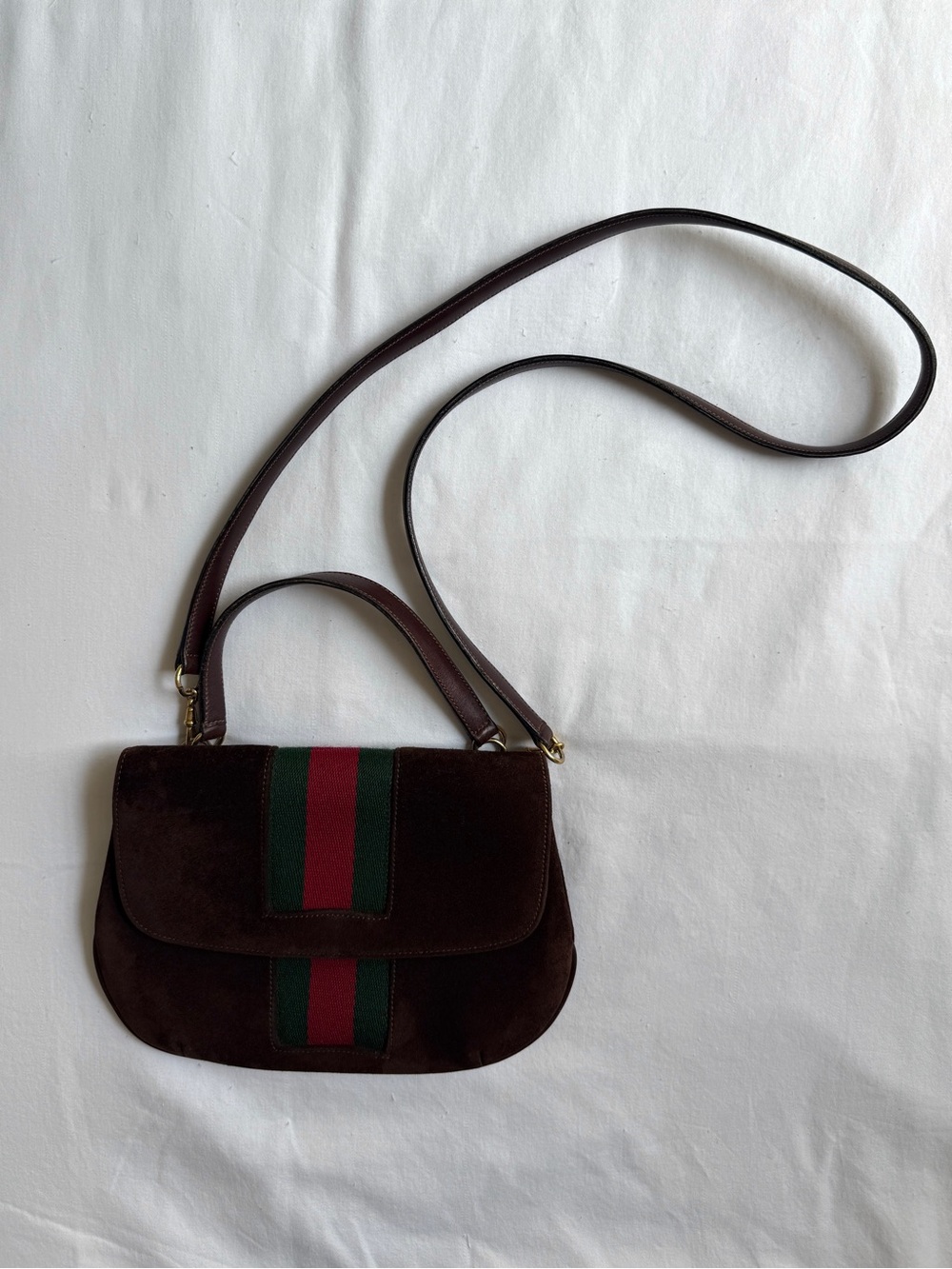 Vintage 1970s Gucci Rare Brown Suede Web Stripe Bag Quiet Luxury Crossbody - Picture 3 of 15